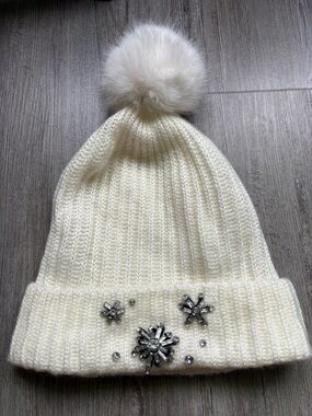 Cream Knit Pom Pom Beanie with Crystal Snowflake Accents